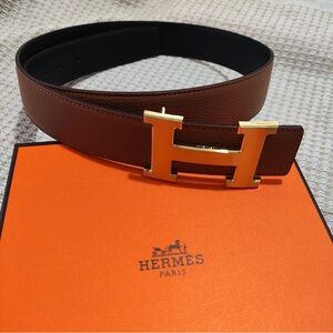 Hermès High-End H-Buckle Belt Premium Grained Leather